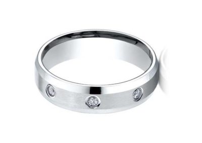 White gold wedding band with flush mounted diamonds, beveled edge, matte finish