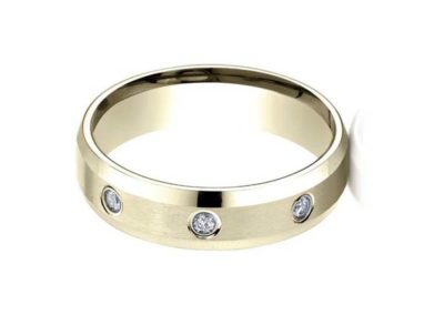 Gold wedding band with flush mounted diamonds, beveled edge, matte finish