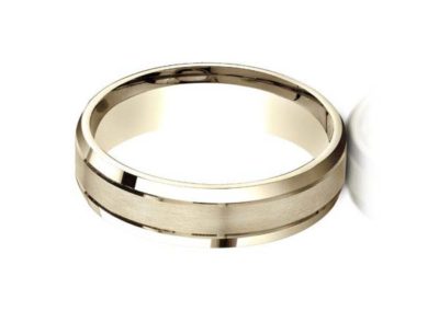 Gold wedding band with matte finish and beveled edge