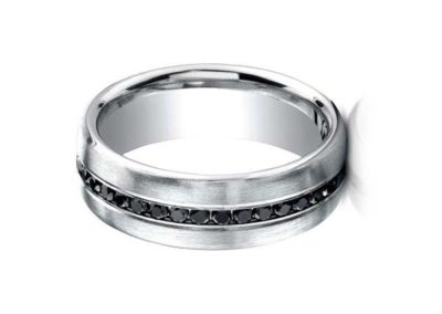 White gold wedding band with channel set black diamonds, matte finish