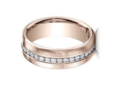 Rose gold wedding band with channel set diamonds, matte finish