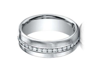 White gold wedding band with channel set diamonds, matte finish