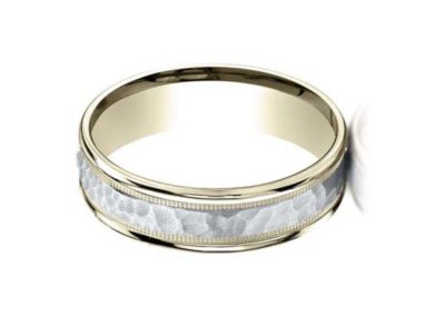 White gold and gold carved wedding band with hammered finish