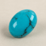 Polished oval turquoise gemstone with bright blue-green color and natural black matrix patterns, photographed on a neutral background.